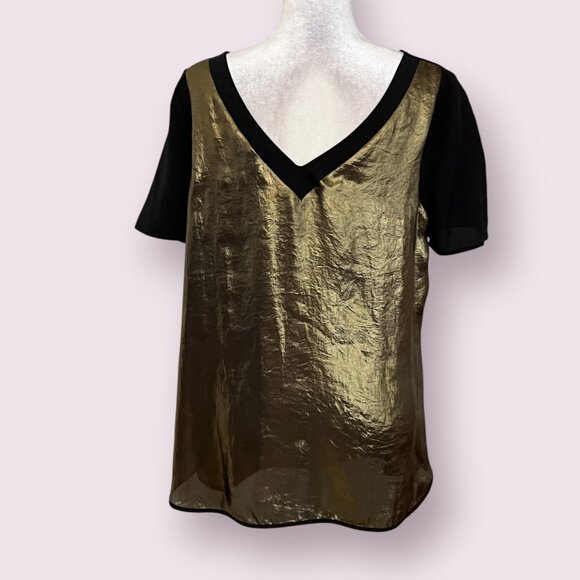 Bisou Bisou Women's Top L Gold Metallic Black Short Sleeve Blouse Party - Picture 2 of 7